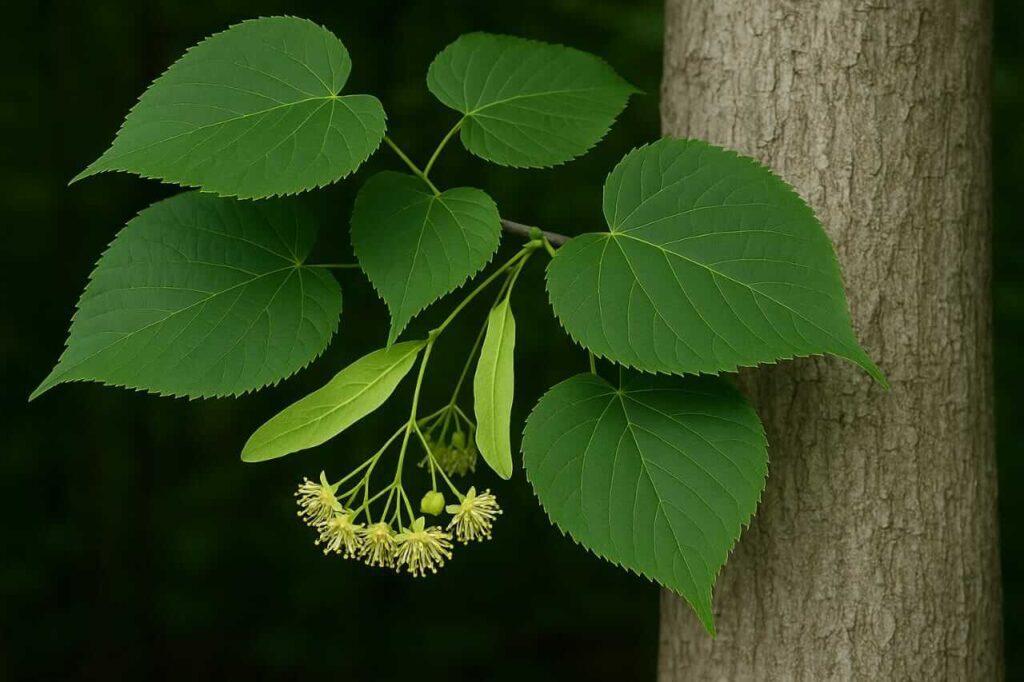 Nærbilde av basswood-tre som viser hjerteformede, taggete blader og glatt grå barktekstur