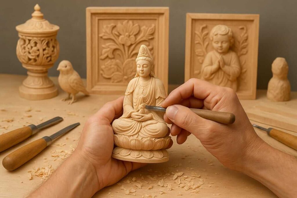 Profesjonell treskjærer lager intrikate detaljer på en bassvedfigur med utskjæringsverktøy