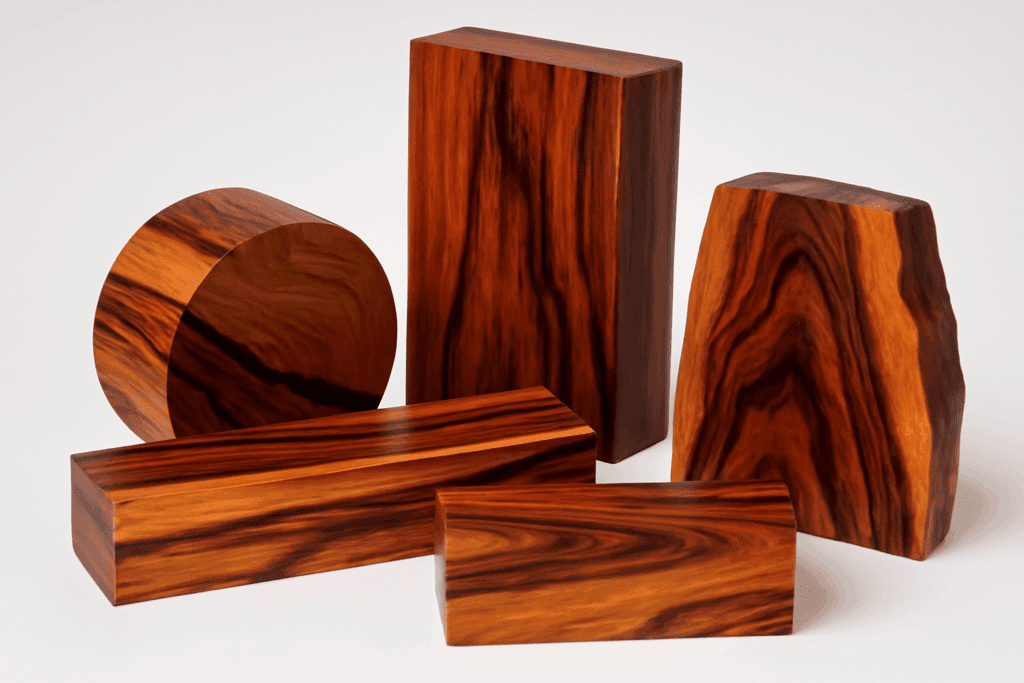 Cocobolotreverk som viser karakteristiske gyllengule til rødbrune farger, med mørke striper og uregelmessige kornmønstre.