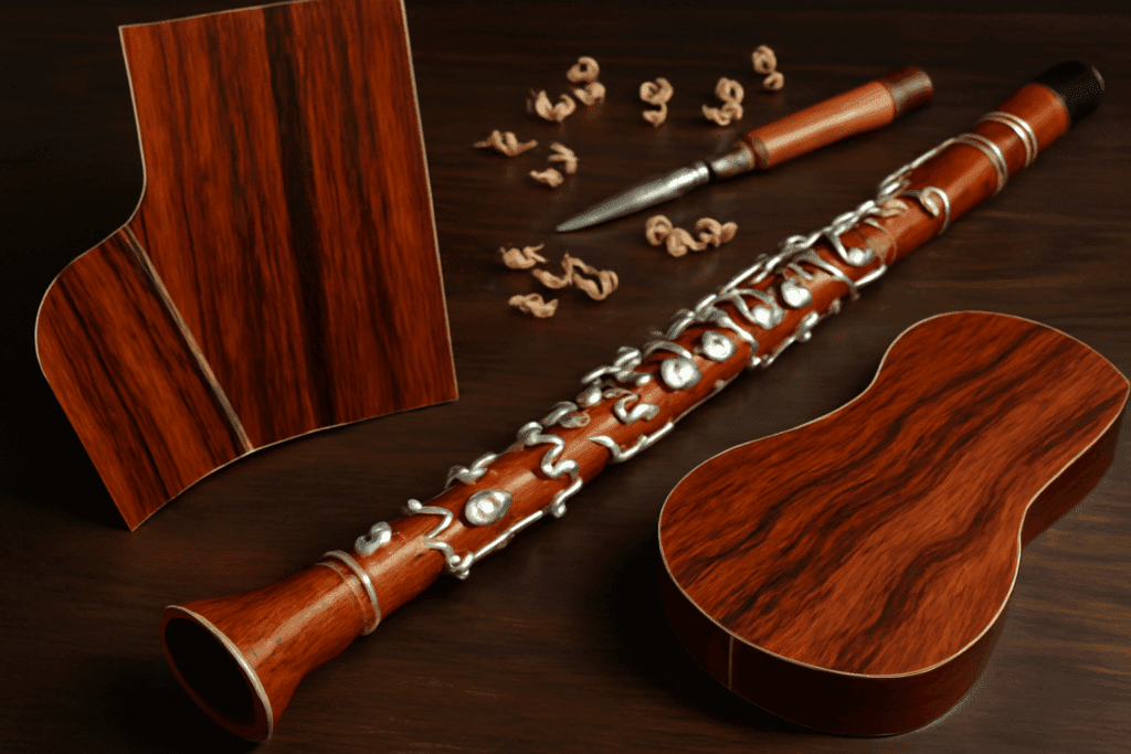 Profesjonelle musikkinstrumenter i cocobolotreverk, inkludert klarinett- og gitardeler, som viser treets bruk i eksklusiv instrumentproduksjon.