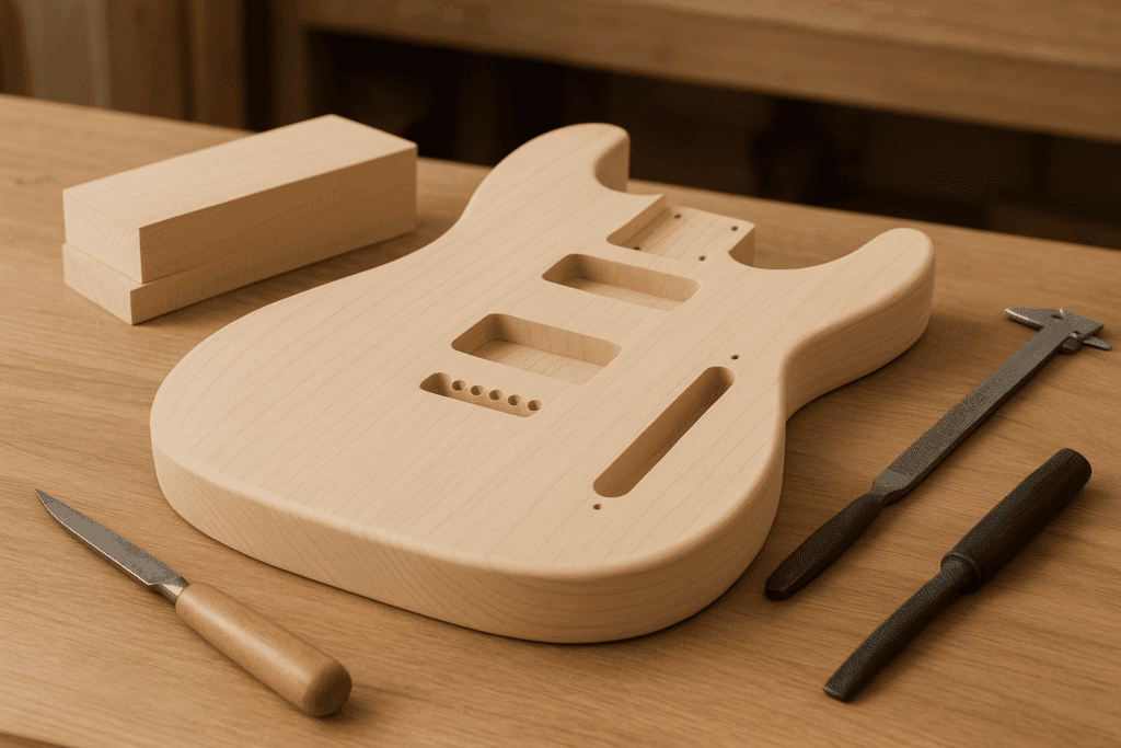 Elgitarkropp laget av bassved som viser trestruktur og konstruksjonsdetaljer