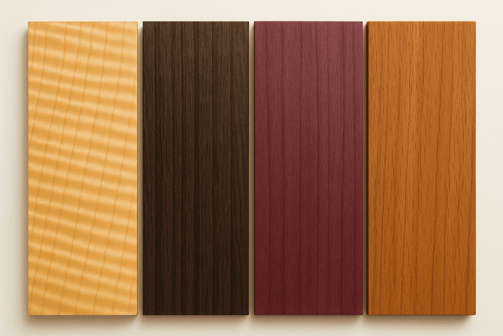 Sammenligning av krøllete lønnetre med prøver av wenge, purpurhjerte og teak