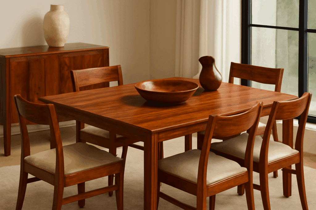 Luksuriøs møbelkolleksjon i cocobolotreverk med bord, stol og dekorative gjenstander som fremhever treets naturlige skjønnhet og håndverksmessige kvalitet.