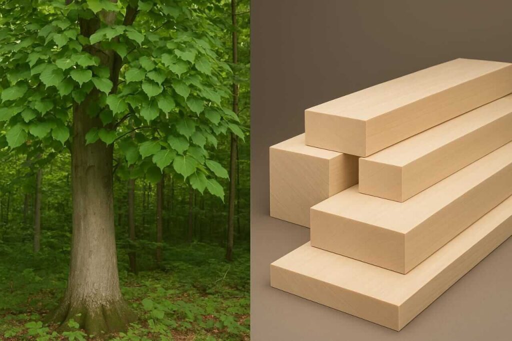 Basswood-tre og tømmerbiter som viser lys trestruktur og tekstur