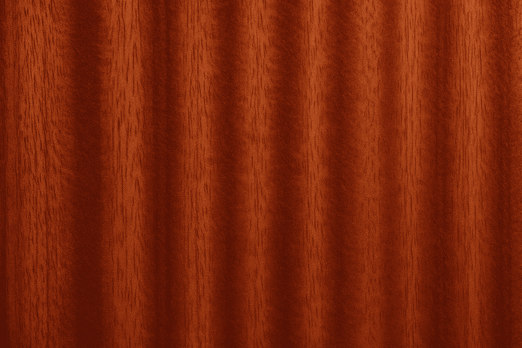 Nærbilde av sapele-trefibret som viser rik rødbrun farge og sammenflettet trestruktur