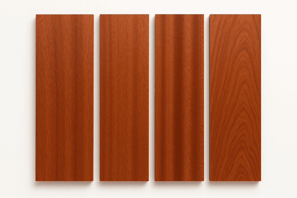 Sapele-treplater som viser forskjellige kornsnitt, inkludert vanlige sagede og kvartssagede stykker