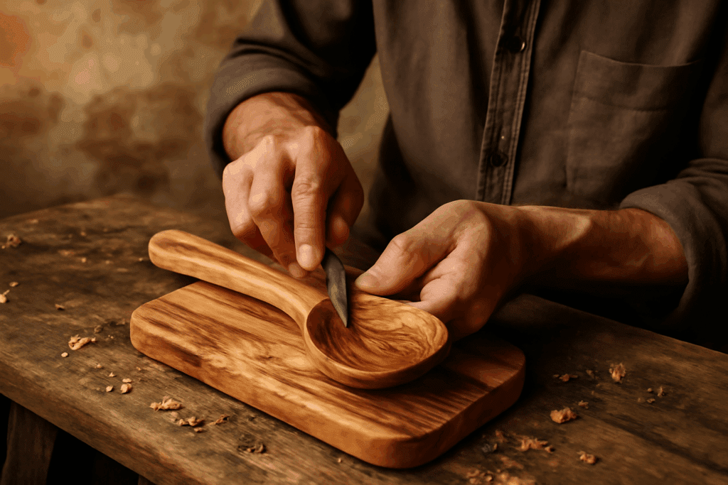 Håndverk av oliventre i produksjon av kjøkkenutstyr som skjærebrett eller skjeer