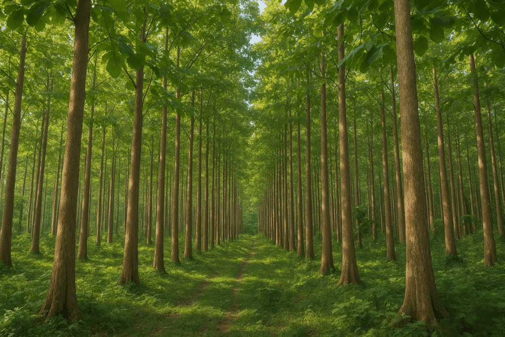 Teakskog med høye Tectona grandis-trær i et tropisk landskap