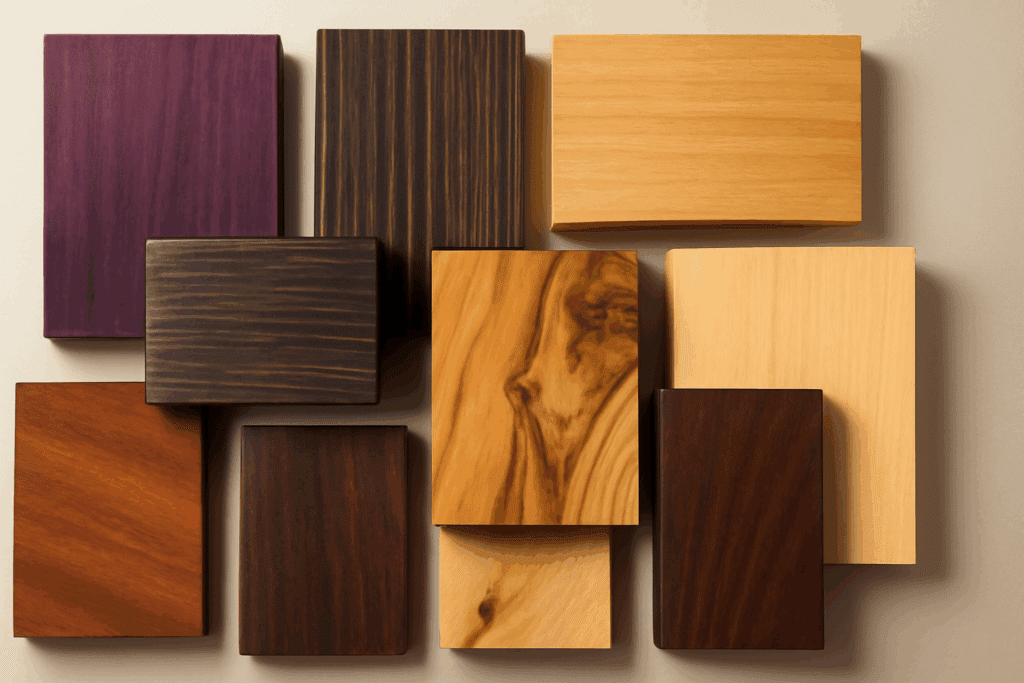 Oversikt over forskjellige tretyper inkludert hardtre og bløttre med varierte farger og teksturer for identifikasjonsguide